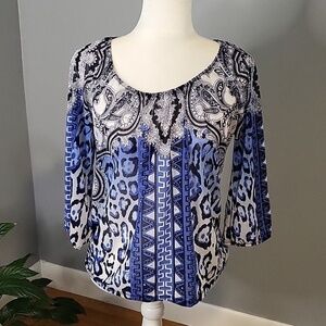 INC Pullover Elastic Neck 3/4 Sleeve Studded Stretchy Sheer Blouse - Size XS